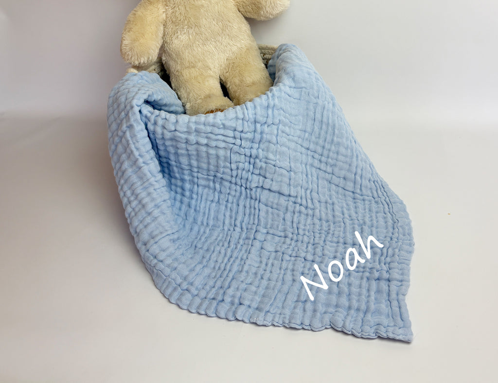 Personalised muslin baby blanket - blue - 2