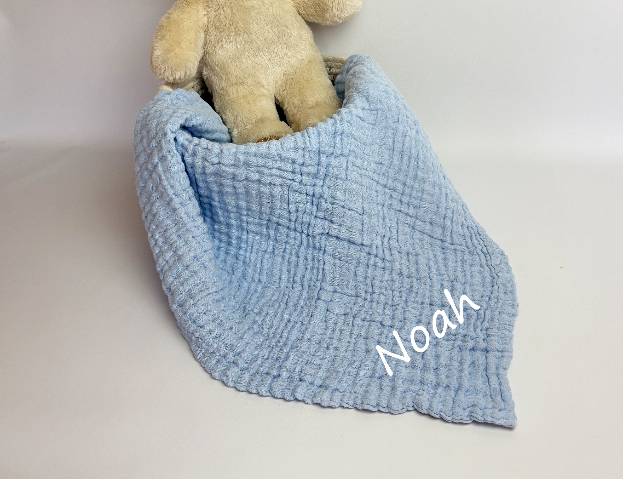 Personalised muslin baby blanket - blue - 2