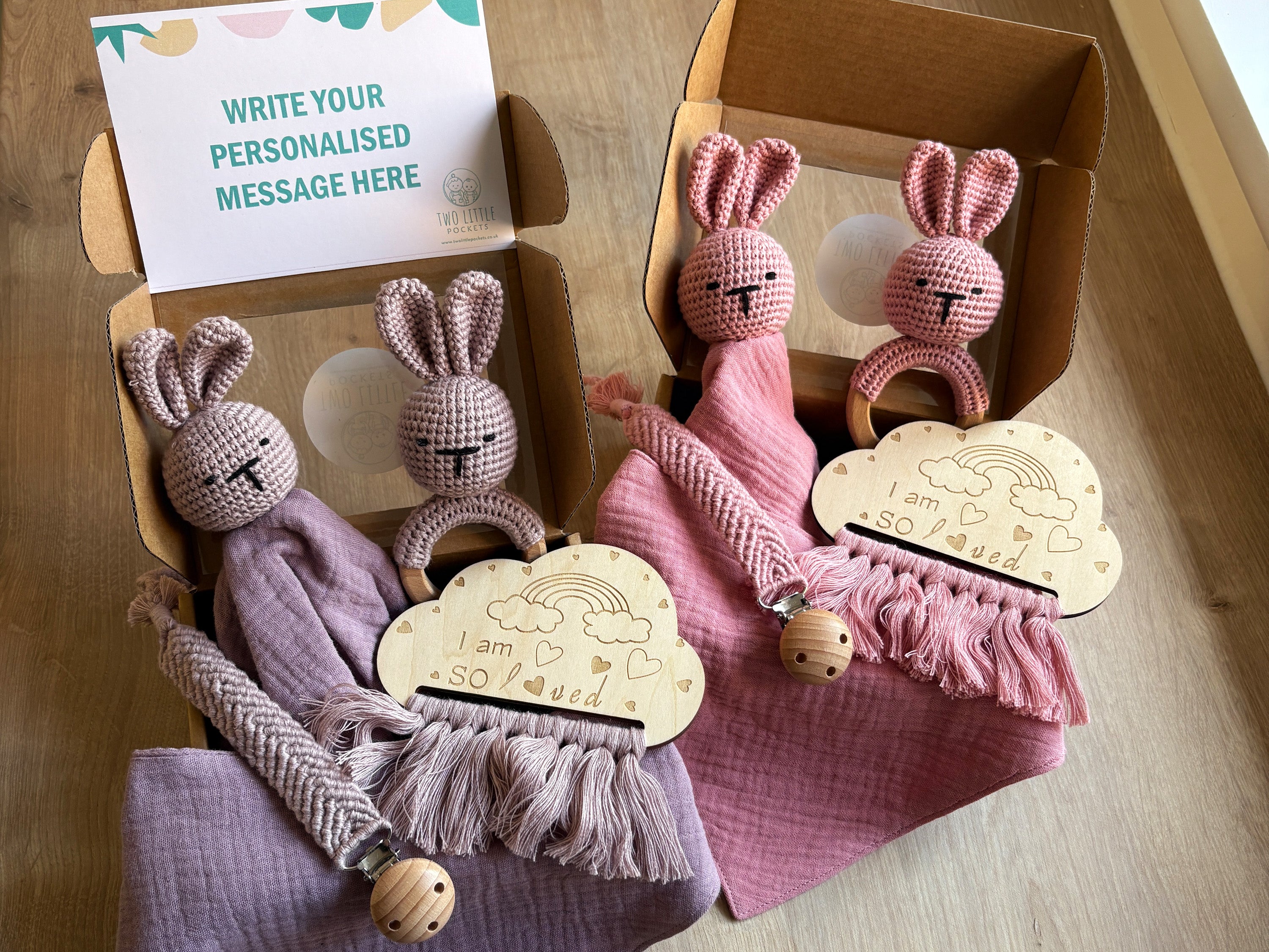 Purple 5 piece baby gift set. Baby shower present in gift box