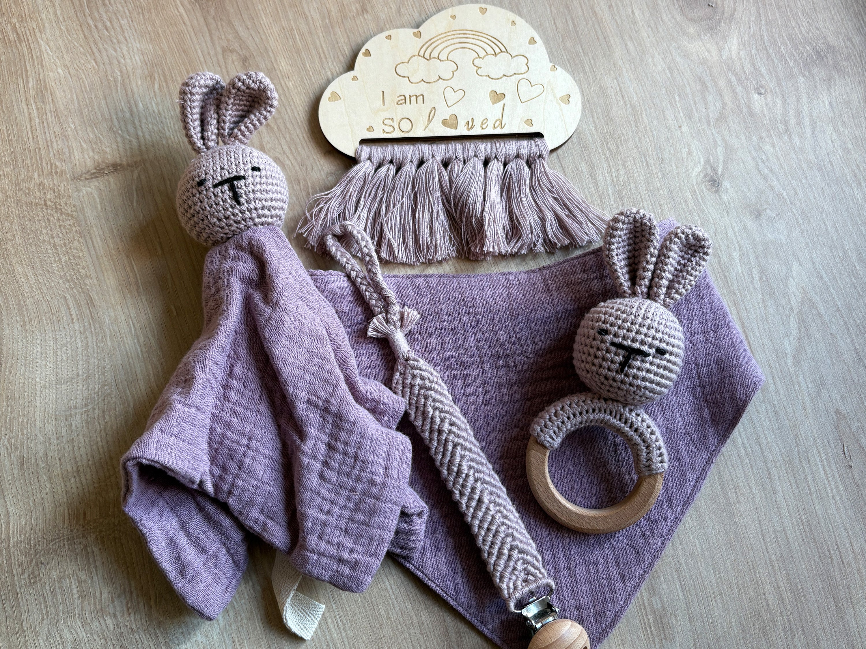 Purple 5 piece baby gift set. Baby shower present in gift box