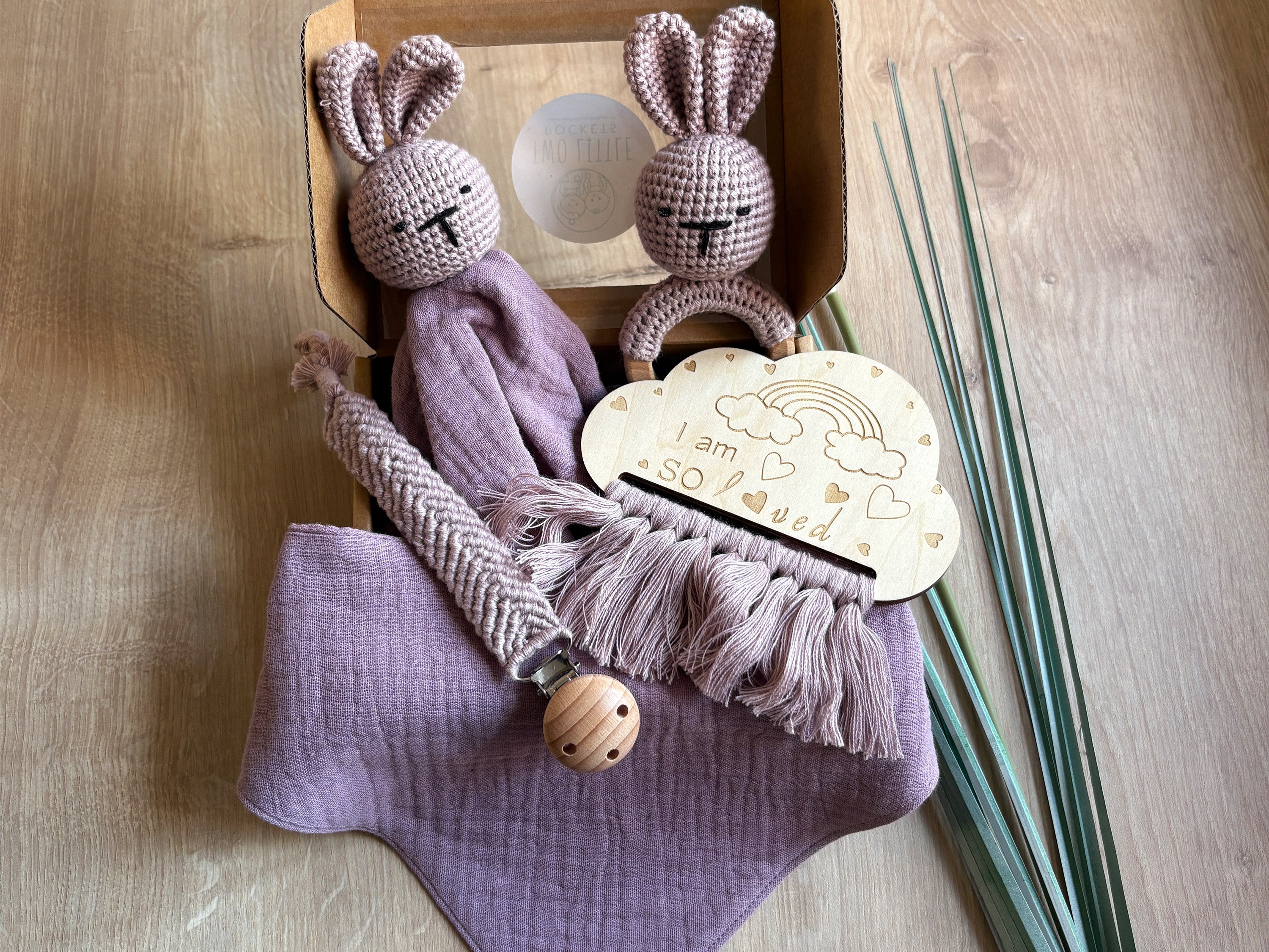 Purple 5 piece baby gift set. Baby shower present in gift box